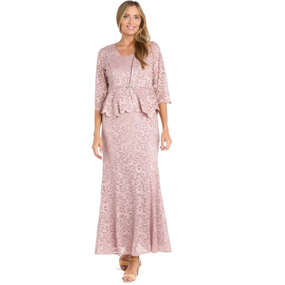 R&M Richards Petite 2-Pc. Metallic-Lace Gown & Jacket Set (Rose, 10P)